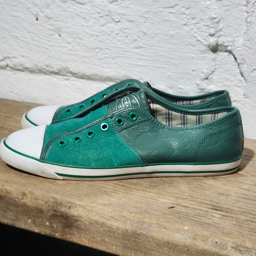 Coach 90s Mika Green Leather Suede Embossed Logo Low Top Sneaker Women 9 Cap Toe - Picture 4 of 16